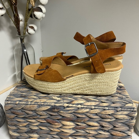 Lucky Brand Neveah Brown Leather Espadrille Strappy Buckle Wedge Size 9.5 - Picture 6 of 16